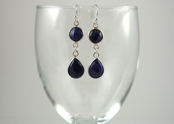 Lapis Earrings Sterling Silver Teardrop Gemstone Drop Earrings Cobalt Blue Earrings Dark Blue Bead Earrings Lapis Sterling Dangle Earrings