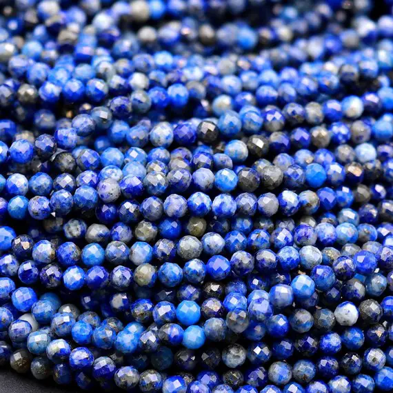 Micro Faceted Natural Blue Lapis 2mm 3mm 4mm Round Beads 15.5" Strand