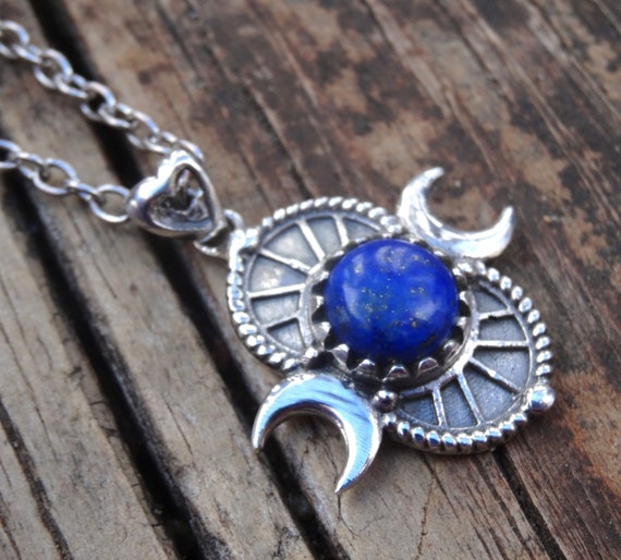 925 - Blue Lapis Crescent Moon Necklace, Sterling Silver Lapis Lazuli Pendant, Handmade Moon Phase Gemstone Necklace, Natural Stone, Triple