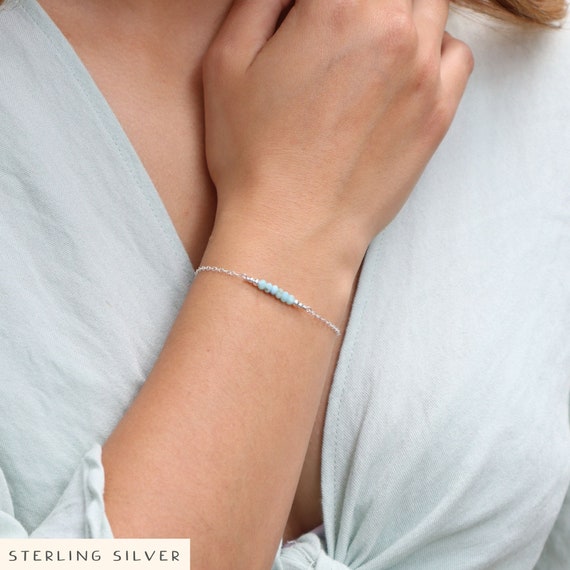 Sparkling Larimar Semi-precious Gemstone Bead Bar Bracelet. Real Genuine Crystal Jewellery. Blue Stone Bridesmaids Bracelet Gift For Women.