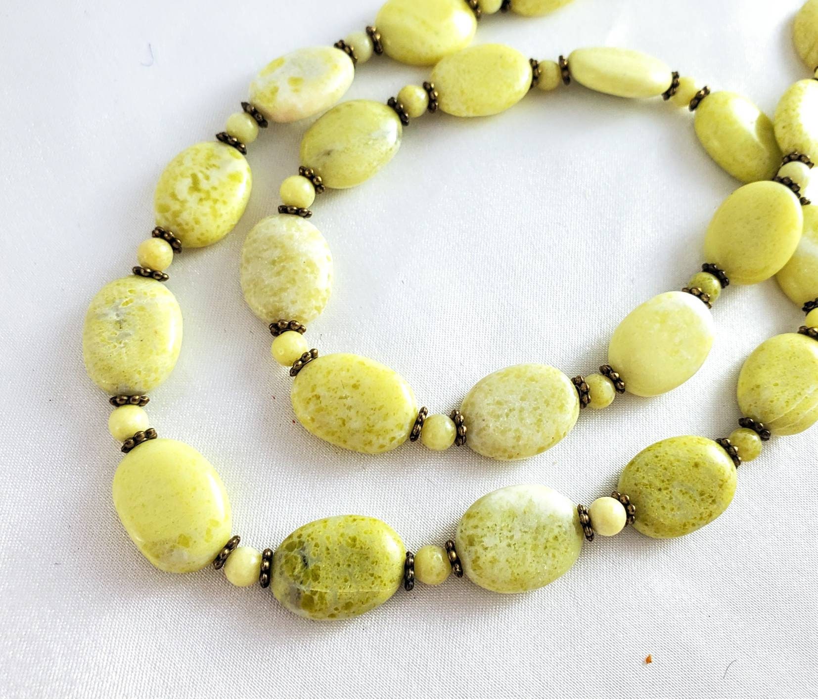 Lemon-lime "jade" Serpentine Necklace | Natural Neon Green Oval Gemstones | 24" Long Statement Jewelry |