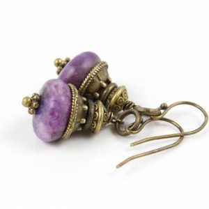 Purple Stone Earrings, Lepidolite Earrings, , Rustic Earrings, Antique Earrings, Bohemian Earrings, Gift for Her, Tribal Earrings, Yoga | Natural genuine Array jewelry. Buy crystal jewelry, handmade handcrafted artisan jewelry for women.  Unique handmade gift ideas. #jewelry #beadedjewelry #beadedjewelry #gift #shopping #handmadejewelry #fashion #style #product #jewelry #affiliate #ad