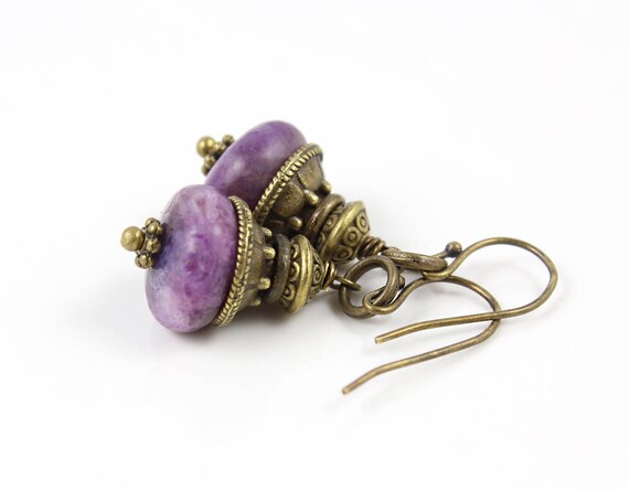 Purple Stone Earrings, Lepidolite Earrings, , Rustic Earrings, Antique Earrings, Bohemian Earrings, Gift For Her, Tribal Earrings, Yoga