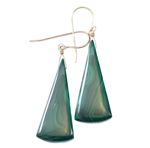 Green Malachite Earrings Triangle Long Contemporary Natural Striped Drops Sterling Silver Or 14k Solid Gold Or Yellow Rose Filled 2.2 Inches