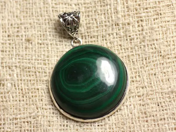 N2 - 925 Sterling Silver Pendant And 30mm Round Malachite Stone-