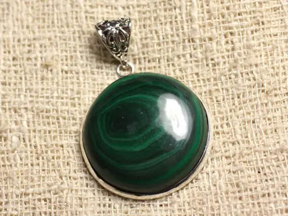 N2 - Pendentif Argent 925 Et Pierre - Malachite Rond 30mm