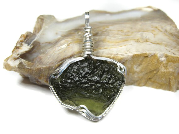 Moldavite Pendant Wire Wrapped In Sterling Silver Wire (#3)