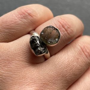 Shop Moldavite Rings! 6.5 High Vibrational Genuine Czech Moldavite and Meteorite Campo Del Cielo silver ring, Moldavite ring | Natural genuine Moldavite rings, simple unique handcrafted gemstone rings. #rings #jewelry #shopping #gift #handmade #fashion #style #affiliate #ad
