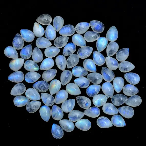 White Rainbow Blue Fire Moonstone 7x10mm Pear Smooth Cabochon | Natural Moonstone Semi Precious Gemstone Pear Loose Flat Back Cabochon Lot