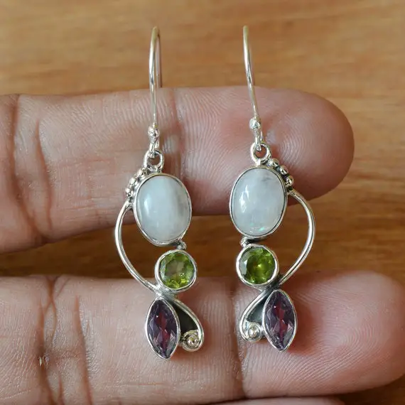 Moonstone Earrings, Sterling Silver Earrings, Multi Stone Earrings, Handmade Earrings, Gemstone Earrings, Moonstone Dangle Earrings