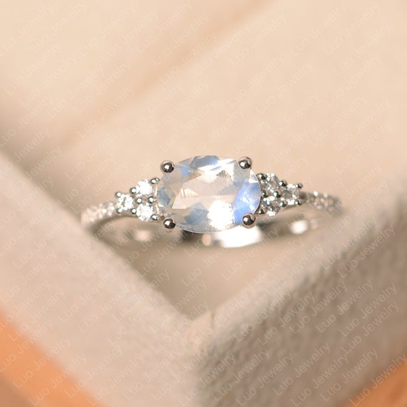 Blue Moonstone Ring, Oval Cut, June Birthstone Ring, White Gold, Anniversary Ring For Women