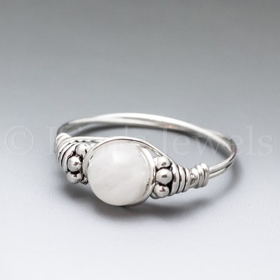 White Moonstone Bali Sterling Silver Wire Wrapped Gemstone Bead Ring - Made To Order, Ships Fast!