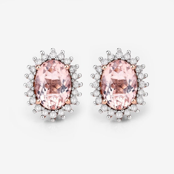 Morganite Earrings, Solid 14k Rose Gold Morganite Diamond Halo Stud Earrings For Her, Pink Peach Gemstone Gold Earring, Anniversary Gift