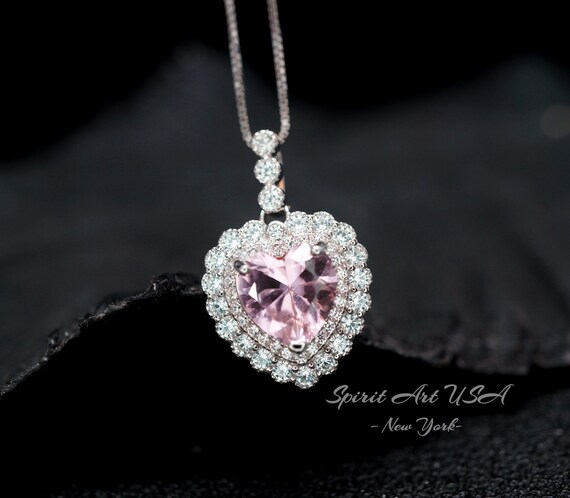 Pink Morganite Necklace - Pink Heart Pendant - 18kgp @ Sterling Silver - Double Halo Pink Morganite Jewelry #928