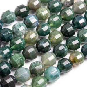 Shop Moss Agate Faceted Beads! Genuine Natural Green Moss Agate Loose Beads Faceted Bicone Barrel Drum Shape 10x9mm | Natural genuine faceted Moss Agate beads for beading and jewelry making.  #jewelry #beads #beadedjewelry #diyjewelry #jewelrymaking #beadstore #beading #affiliate #ad