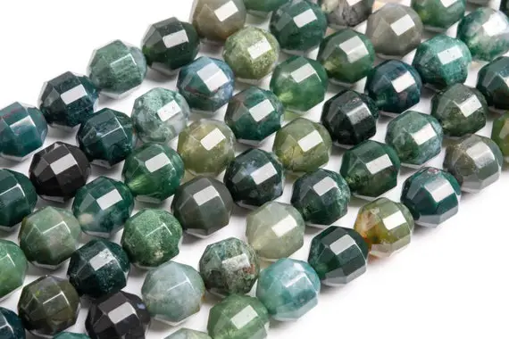 Genuine Natural Green Moss Agate Loose Beads Faceted Bicone Barrel Drum Shape 10x9mm