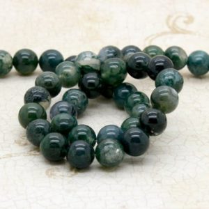 Shop Moss Agate Beads! Natural Green Moss Agate Smooth Polished Round Sphere Rock Loose Gemstone Beads (4mm 6mm 8mm 10mm) Full Strand PG310 | Natural genuine beads Moss Agate beads for beading and jewelry making.  #jewelry #beads #beadedjewelry #diyjewelry #jewelrymaking #beadstore #beading #affiliate #ad