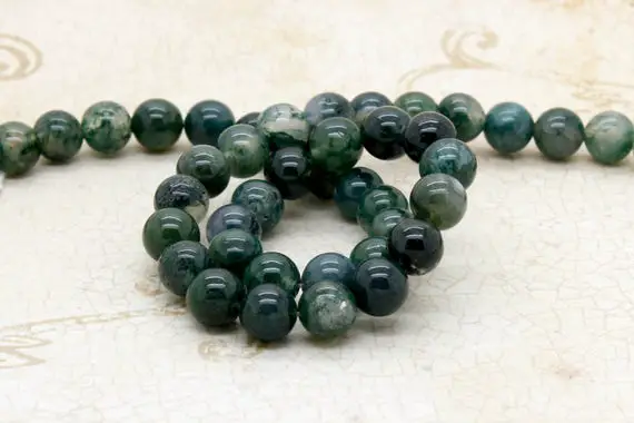 Natural Green Moss Agate Smooth Polished Round Sphere Rock Loose Gemstone Beads (4mm 6mm 8mm 10mm) Full Strand Pg310