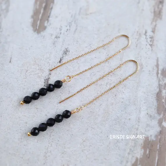 Black Obsidian Earrings Threader Thread Threaded Rainbow Gold Silver Obsidian Through Jewelry Earrings Gold Silver
