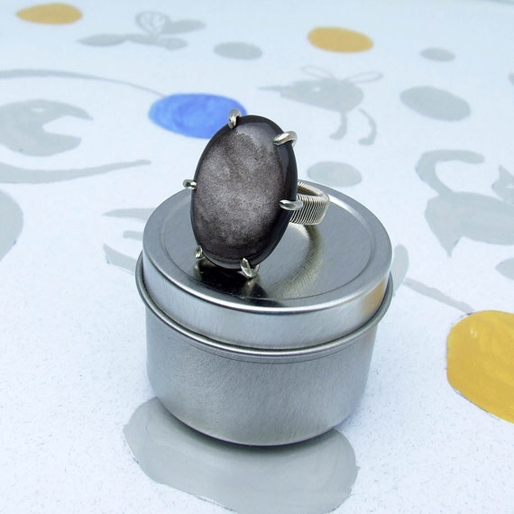 Silver Sheen Obsidian Ring Size 4