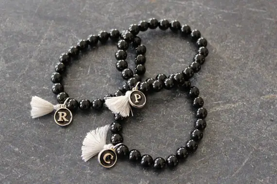 Initial Bracelets, Black Onyx Gray Tassel Stretch Bracelet, Personalized Jewelry, Customized Jewelry, Black Initial Bracelet, Mothers Day