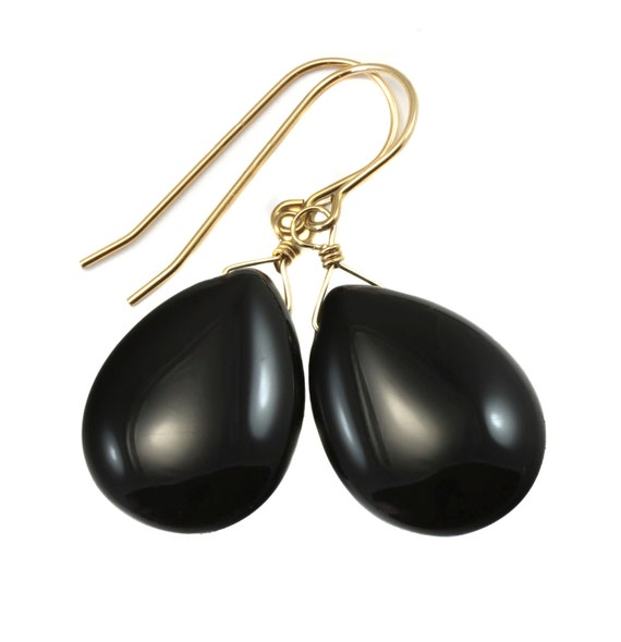 Black Onyx Earrings Sterling Silver Or 14k Solid Gold Or Filled Smooth Puffed Oval Teardrop Dangle Simple Design Classic Neutral Drops