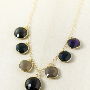 Shop Onyx Necklaces! Gold Black Onyx & Grey Chalcedony Bib Necklace, Multi Gemstone Necklace, Gold Filled | Natural genuine Onyx necklaces. Buy crystal jewelry, handmade handcrafted artisan jewelry for women.  Unique handmade gift ideas. #jewelry #beadednecklaces #beadedjewelry #gift #shopping #handmadejewelry #fashion #style #product #necklaces #affiliate #ad