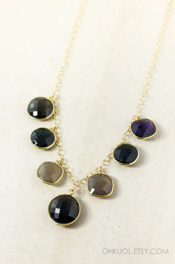 Gold Black Onyx & Grey Chalcedony Bib Necklace, Multi Gemstone Necklace, Gold Filled