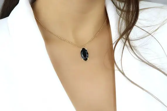 Black Onyx Necklace · Marquise Stone Pendant · 14k Long Pendant · Semiprecious Necklace · Long Pendant Necklace · Black And Gold Jewelry