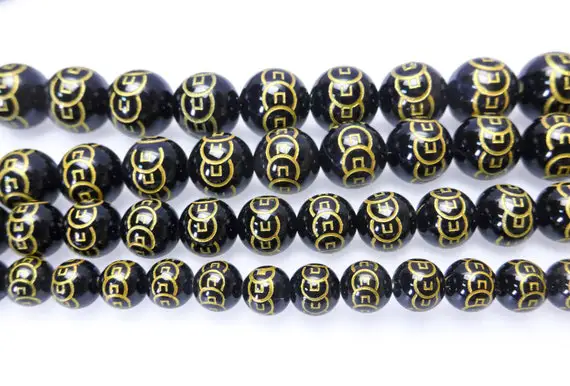 Chinese Coin Pattern Black Onyx Beads - Black Gemstone Beads Supplies - Beading Material Supplies - Round Gemstone Beads - 15inch