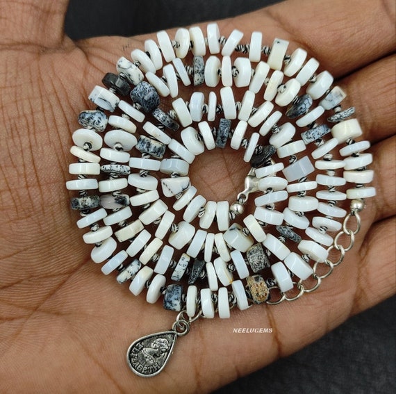 Dendritic Opal Necklace Hand Knotted Heishi Beads, Black And White Moss Opal Silk Strand, Merlinite Stone Jewelry, Organic Boho Gift Her