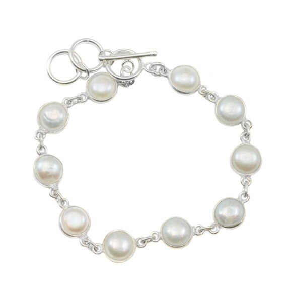 Freshwater Button Pearl Bracelet White Cultured Sterling Silver 14k Gold Plate Adjustable Toggle Clasp 7  8 Inches Inch Simple Button  Bezel