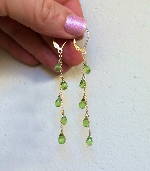 14k Gold Natural Green Peridot Cascade Earrings, Long Chains, August Birthstone Jewelry, Delicate Dangles, Leo Birthday