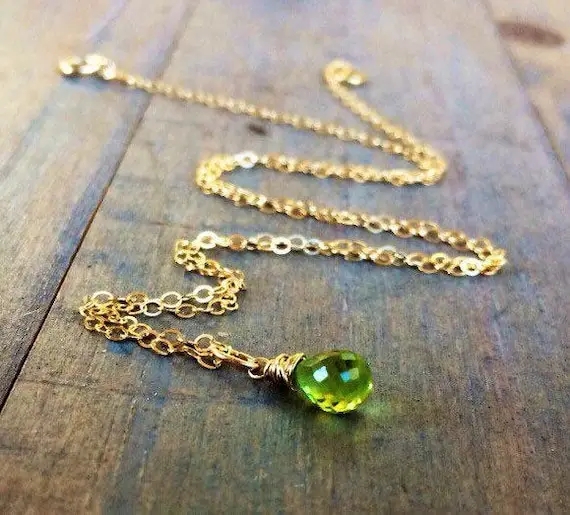 Tiny Green Peridot Pendant  Drop Necklace.  Natural Stone. Gold, Rose Gold Or Sterling Silver.  Leo August Birthstone