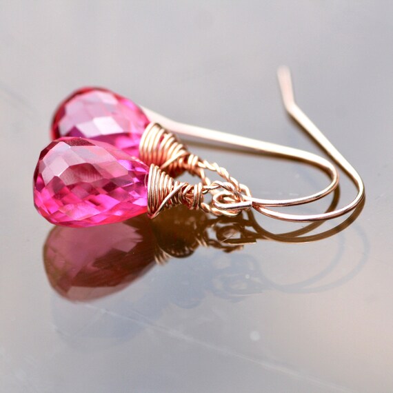 Natural Pink Sapphire Earrings Solid 14k Rose Gold , 5th 45th Anniversary , September Birthstone