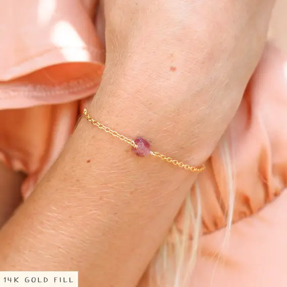 Raw Pink Tourmaline Crystal Adjustable Bracelet - Natural Rough Cut Genuine Gemstone Jewellery - Real Mineral October Birthstone Gift