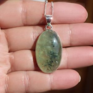 Shop Prehnite Necklaces! Green Apple – Tourmalinated Prehnite Sterling Silver Necklace | Natural genuine Prehnite necklaces. Buy crystal jewelry, handmade handcrafted artisan jewelry for women.  Unique handmade gift ideas. #jewelry #beadednecklaces #beadedjewelry #gift #shopping #handmadejewelry #fashion #style #product #necklaces #affiliate #ad