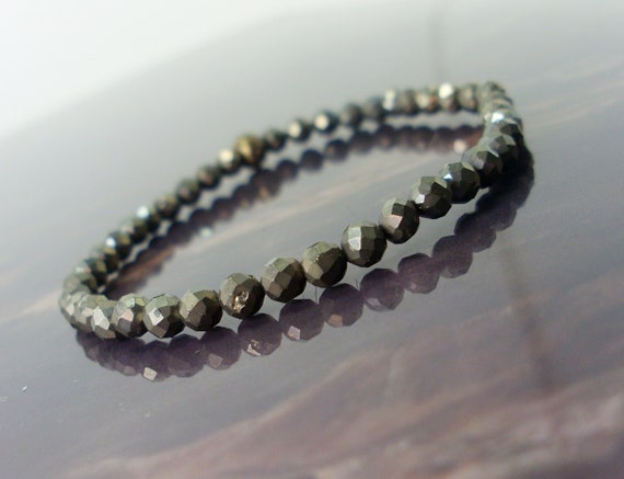 Dainty Pyrite Faceted Bracelet 4mm + Antique Bronze Bead, Natural Gemstone Bracelet, Minimalist  Women Mens Beaded Bracelet + Gift Bag