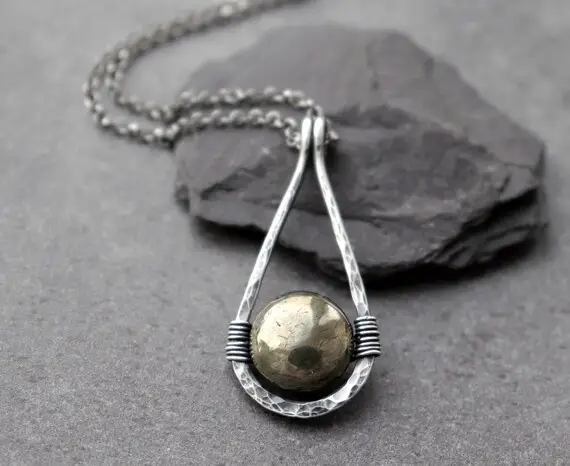 Pyrite Teardrop Pendant Necklace, Sterling Silver Hammered Teardrop Pendant, Iron Pyrite Gemstone For Protection, Fool's Gold Necklace