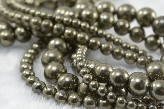 Natural Pyrite Smooth Round Beads - Quality Pyrite Gemstone Jewelry Beads - Fools Gold Round Stone Beads - 4-10mm Ball Beads - 15inch Strand