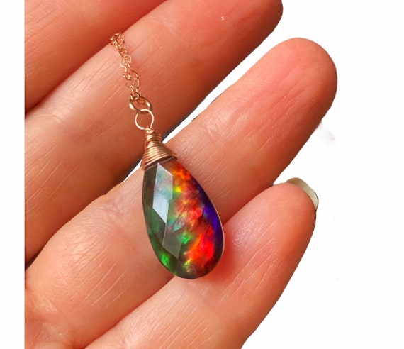 Rainbow Ammonite Quartz Pendant Necklace, 14k Rose Gold Fill Chain, Gemstone Jewelry, Wire Wrapped.