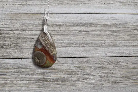 Mushroom Rhyolite Pendant - Pear - Natural Hand Polished Stone - Sterling Silver - Pendant Necklace - Choice Of Chain