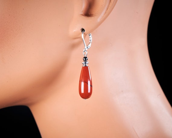 Natural Red Jasper Teardrop Gemstone Sterling Silver Drop Earrings 20mm