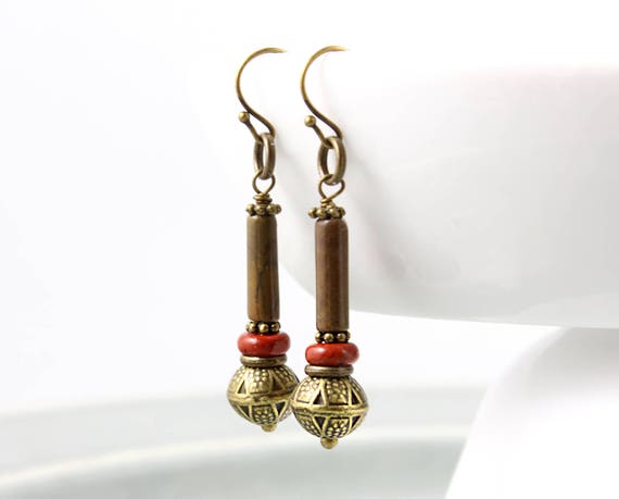 Rustic Earrings, Stone Earrings, Red Jasper, Antique Bronze Earrings, Boho Earrings, Brown Stone Earrings, Tribal Earrings, Earthy Jewelry
