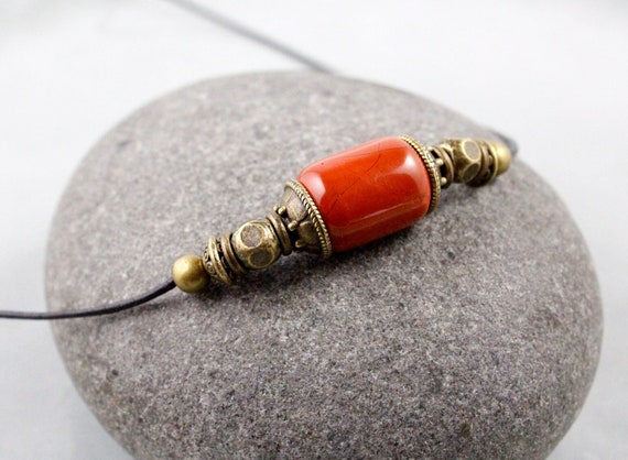 Red Jasper Necklace, Gemstone Choker, Yoga Jewelry, Red Jasper Pendant, Cord Pendant, Red Necklace, Rustic Necklace, Antique Jewelry, Boho