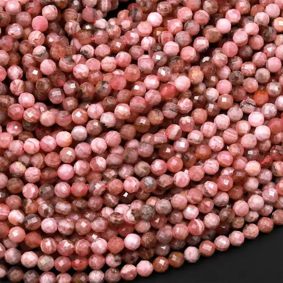 Natural Pink Red Rhodochrosite 3mm 4mm 5mm Faceted Round Beads Micro Laser Diamond Cut Gemstone 15.5" Strand