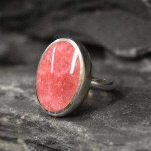 Shop Rhodochrosite Rings! Rhodochrosite Ring, Flat Stone Ring, Statement Ring, Large Oval Ring, Pink Oval Ring, Vintage Ring, Large Pink Ring, Sterling Silver Ring | Natural genuine Rhodochrosite rings, simple unique handcrafted gemstone rings. #rings #jewelry #shopping #gift #handmade #fashion #style #affiliate #ad