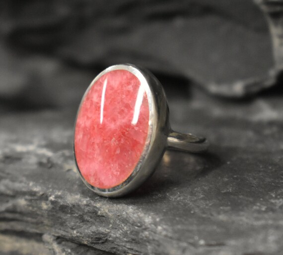 Rhodochrosite Ring, Flat Stone Ring, Statement Ring, Large Oval Ring, Pink Oval Ring, Vintage Ring, Large Pink Ring, Sterling Silver Ring