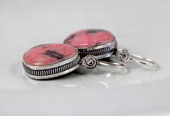 Pink Rhodonite Earrings, Sterling Silver Earhooks, Silver Gemstone Earrings, One-of-a-kind Dangle Earrings, Yoga Style, Fertility Gemstone
