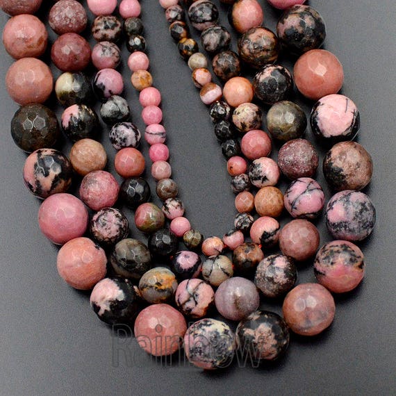 Faceted Rhodonite Beads, 4-10mm Round Spacer Jewelry Beads, 15.5'' Inch Strand